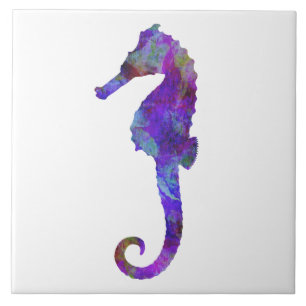 Purple Blue Seahorse Watercolor Silhouette Vintage Tile