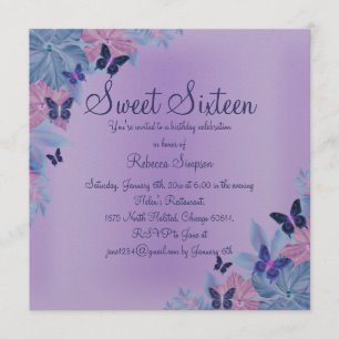 Purple & Blue Shimmer Butterfly Sweet 16 Invite