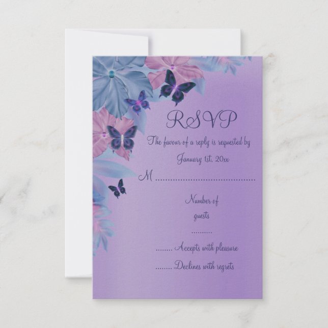 Purple & Blue Shimmer Butterfly Sweet 16 RSVP Card (Front)