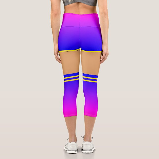 Purple Blue Shorts & Socks - Yellow Striped Sports Capri Leggings (Back)