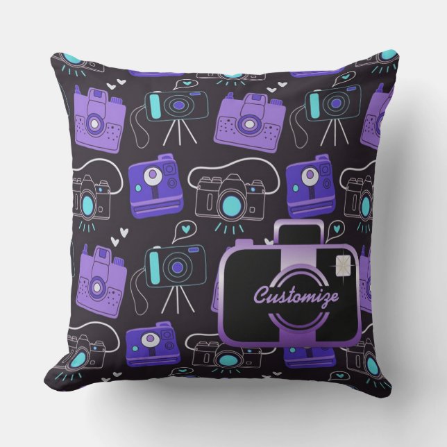 Purple & Blue Shutter Bug Retro Cameras Pillow (Front)