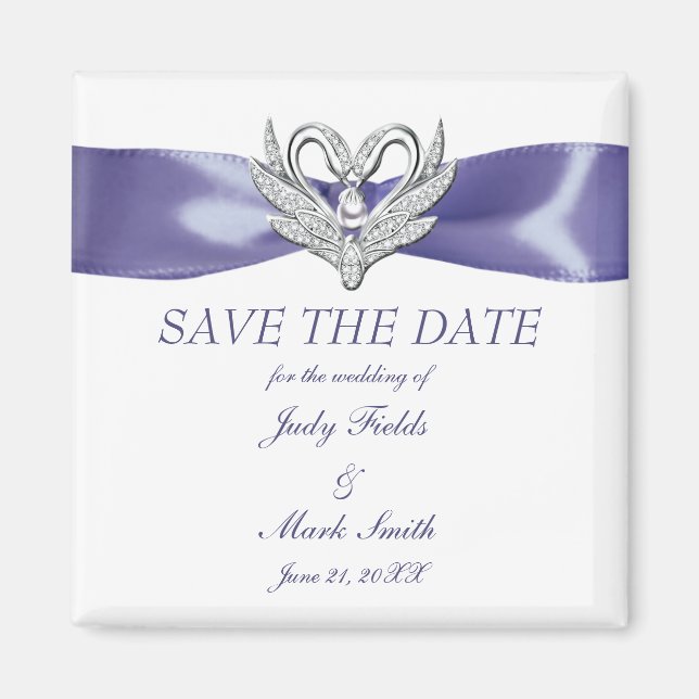Purple Blue Silver Swans Save The Date Magnet (Front)