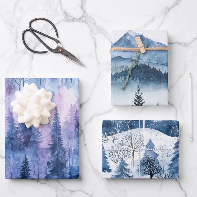 Purple Blue Snow Winter Trees Wrapping Paper Sheet (Front)