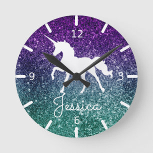Purple & Blue Speckled Unicorn Round Clock