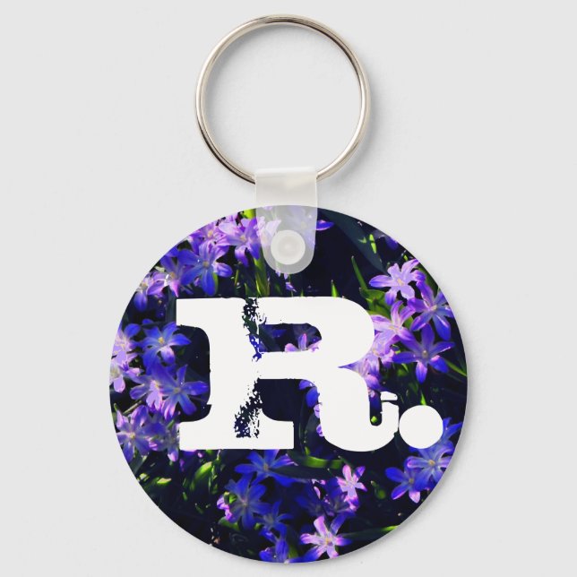Purple Blue Squill Spring Flowers & Monogram Key Ring (Front)