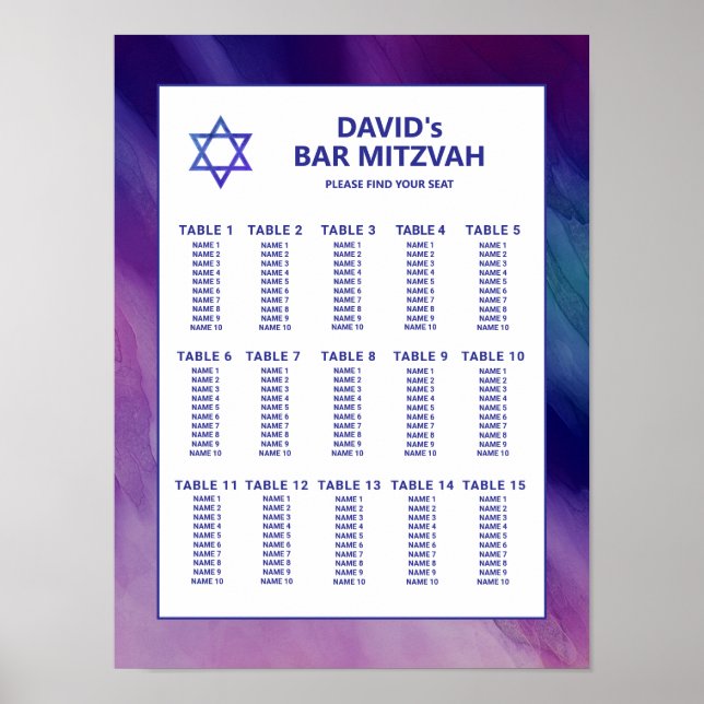 Purple Blue Star David Bar Mitzvah Seating Chart (Front)