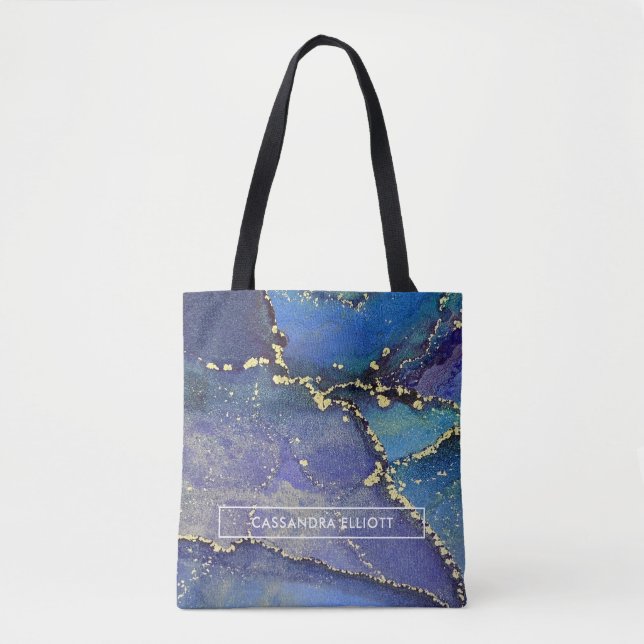Purple Blue Teal and Gold Liquid Art Monogram Tote Bag (Front)