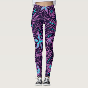 Purple & Blue Tropical Flowers Yoga Leisurewear Leggings