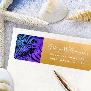 Purple blue tropical palm leaf script gold address return address label