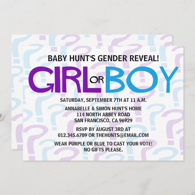 Purple & Blue Typography Gender Reveal Party Invitation (Front/Back)
