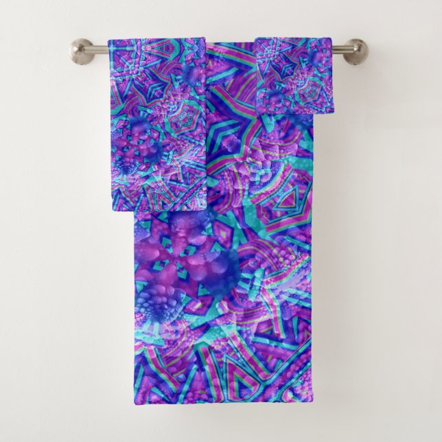 Purple & Blue Vintage Fractal Kaleidoscope Bath Towel Set (Insitu)