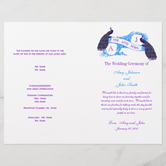Purple Blue Vintage Peacock Wedding Program (Front)