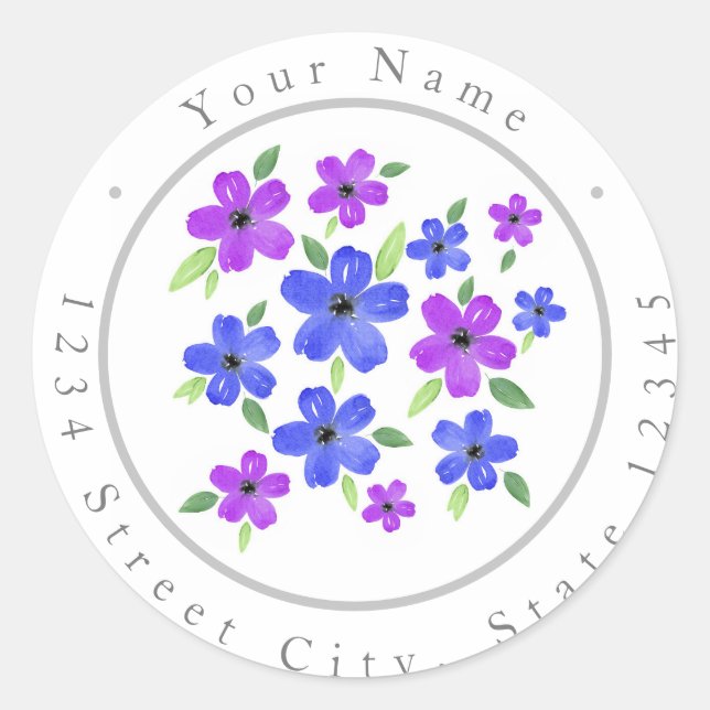 Purple & Blue Watercolor Floral Motif labels (Front)