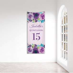 Purple Blue Watercolor Floral Quinceañera  Banner
