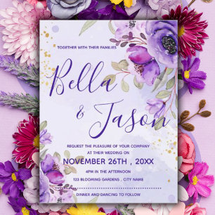 Purple Blue Watercolor Floral Wedding Invitation Postcard