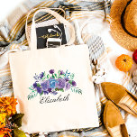 Purple Blue Watercolor Flowers Bridesmaid Gift Tote Bag<br><div class="desc">This design was created through digital art. It may be personalised by clicking the customise button and changing the colour, adding a name, initials or your favourite words. Contact me at colorflowcreations@gmail.com if you with to have this design on another product. Purchase my original abstract acrylic painting for sale at...</div>