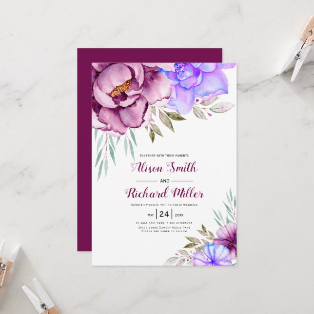 Purple, blue watercolor flowers floral wedding  invitation (Front/Back In Situ)
