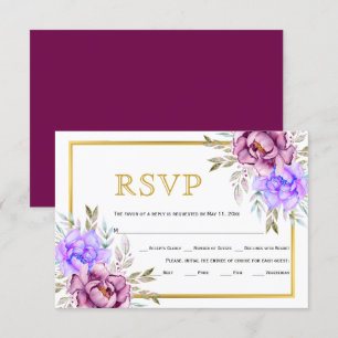 Purple blue watercolor flowers gold frame wedding RSVP card