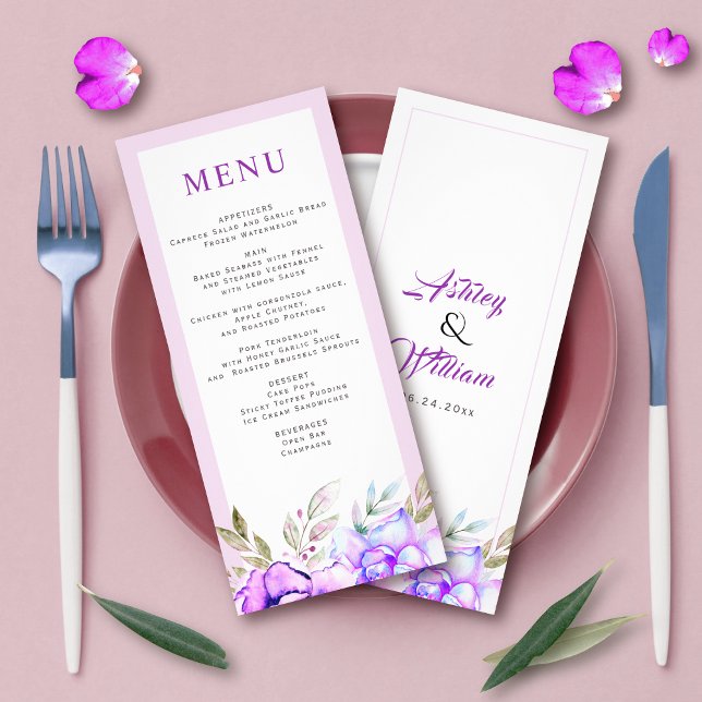Purple, blue watercolor flowers wedding menu card (Creator Uploaded)