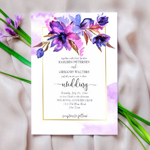 Purple blue watercolor flowers wedding template