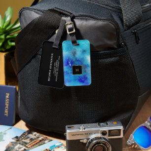 Purple blue watercolor splatter gold monogram luggage tag