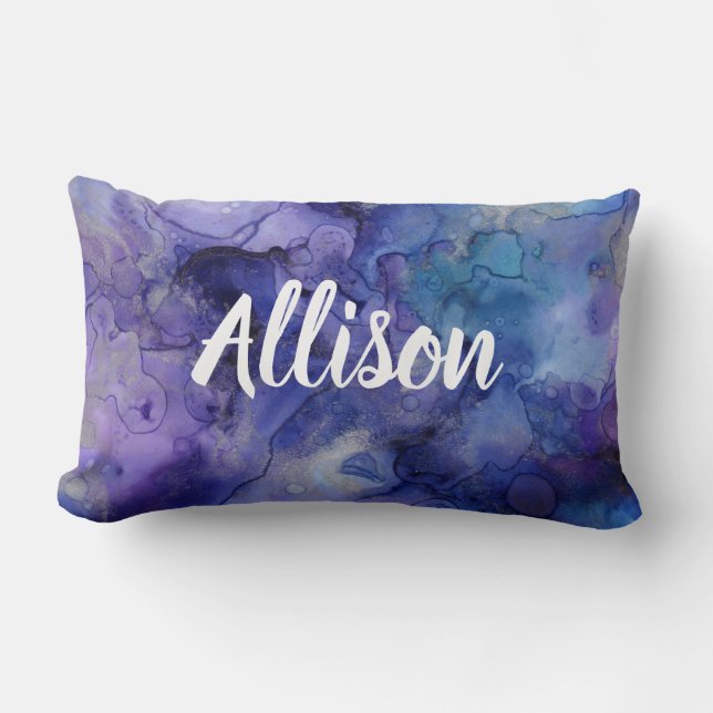 Purple Blue Watercolor Teen Girl Bedroom Monogram Lumbar Cushion (Front)