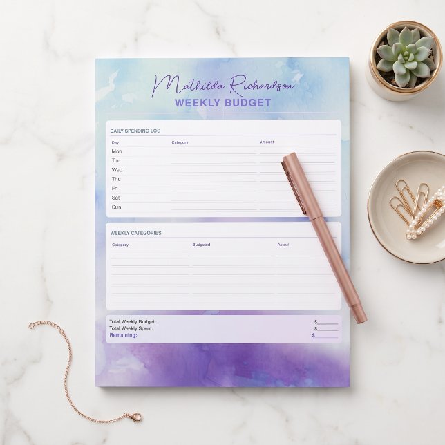 Purple Blue Watercolor Weekly Budget Tracker Notepad (Creator Uploaded)