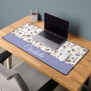 Purple Blue Watercolor Wildflower Monogram Name Desk Mat