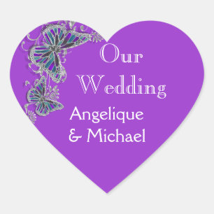 Purple blue wedding butterfly floral heart sticker