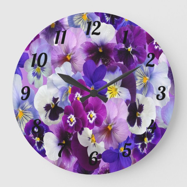 Purple Blue White Floral Pansy Flowers  Large Clock (Front)