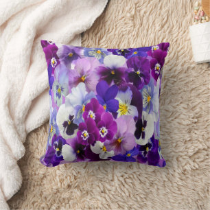 Purple Blue White Pansy Floral Flowers Cushion