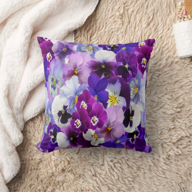 Purple Blue White Pansy Floral Flowers Cushion (Blanket)