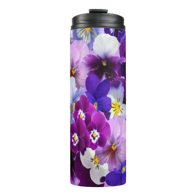 Purple Blue White Pansy Floral Flowers Thermal Tumbler (Front)