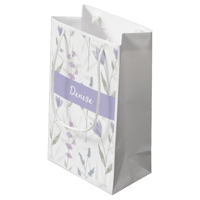 Purple Blue Wildflower Watercolor Monogram Name Small Gift Bag (Back Angled)