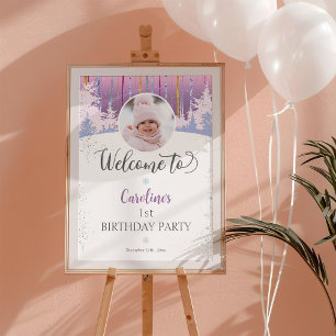 Purple Blue Winter First Birthday Welcome Photo Poster
