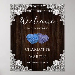 Purple Blue Wood Lace Floral Wedding Welcome Sign