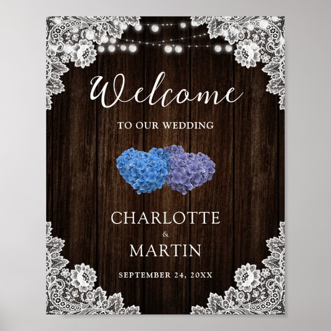 Purple Blue Wood Lace Floral Wedding Welcome Sign (Front)