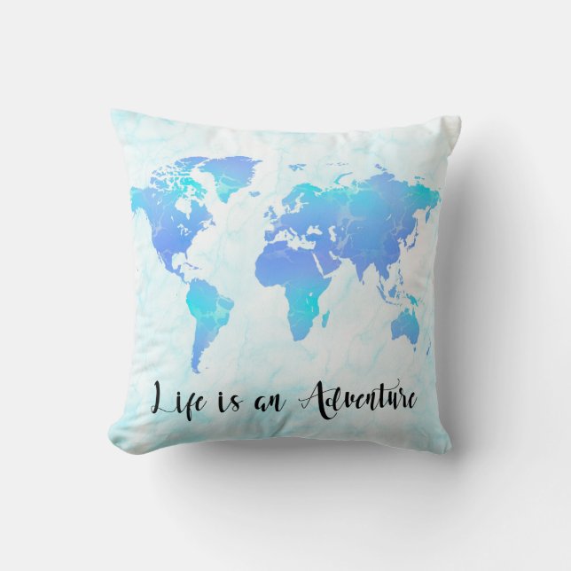 Purple & Blue World Map Life is an Adventure Cushion (Front)