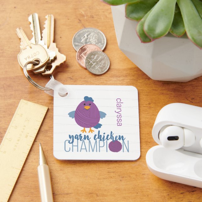 Purple & Blue Yarn Chicken Champion Key Ring (Desk)