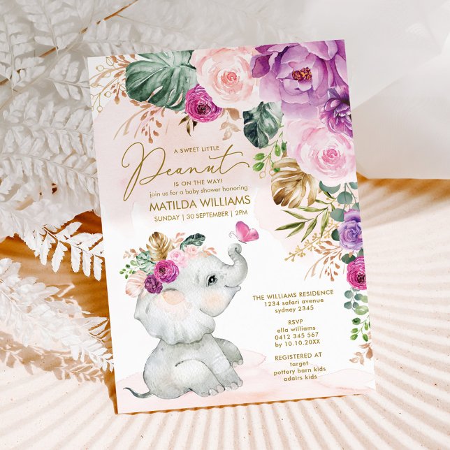 Purple Blush Floral Elephant Butterfly Baby Shower Invitation (Creator Uploaded)