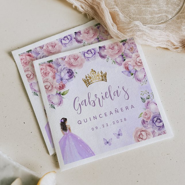 Purple Blush Floral Quinceañera Party Napkin (Creator Uploaded)