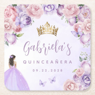 Purple Blush Floral Quinceañera Square Paper Coaster