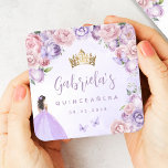 Purple Blush Floral Quinceañera Square Paper Coaster<br><div class="desc">These lovely quinceañera party coasters feature a border of lilac purple and blush pink roses on a purple watercolor background. A gold tiara, a dark-haired girl in a purple princess dress and small purple butterflies decorate the text. The name of the guest of honour appears in elegant purple handwriting script,...</div>
