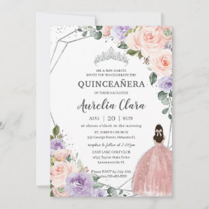 Purple Blush Floral Rose Dress Silver Quinceañera  Invitation