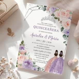 Purple Blush Floral Rose Twins Silver Quinceañera  Invitation