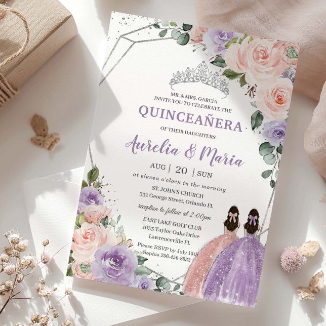 Purple Blush Floral Rose Twins Silver Quinceañera  Invitation (Creator Uploaded)