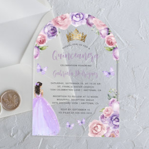 Purple Blush Floral Roses Watercolor Quinceañera Acrylic Invitations