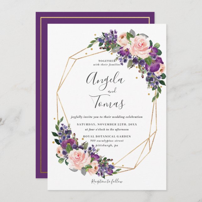 Purple Blush Floral Wedding Geometric Gold Frame Invitation (Front/Back)