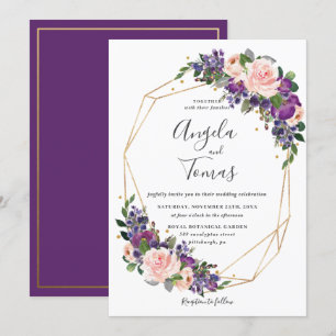 Purple Blush Floral Wedding Geometric Gold Frame Invitation
