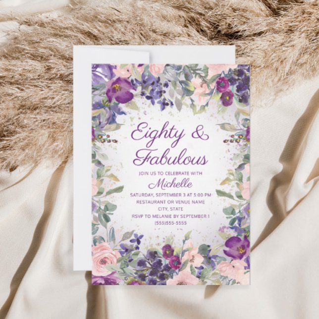 Purple Blush Pink Floral 80 and Fabulous Birthday Invitation (Creator Uploaded)